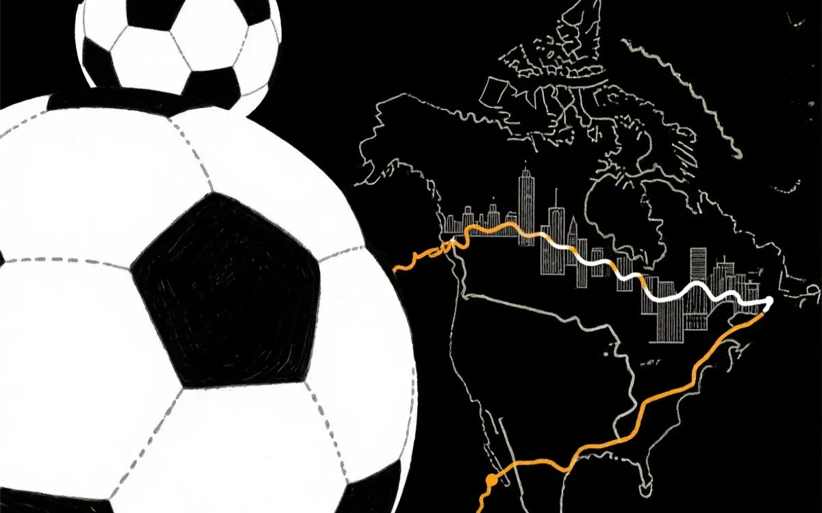 世界杯抽签球与北美城市分区路线的概念插画